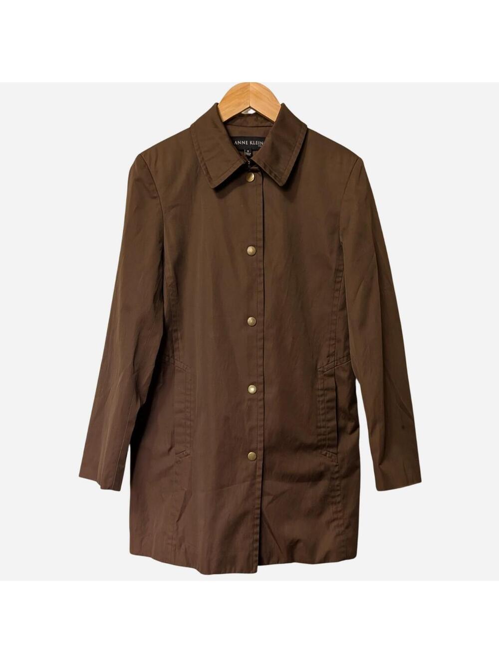 Y2K 2000s Anne Klein Chocolate Brown Car Coat Antique Brass Snap Front Small